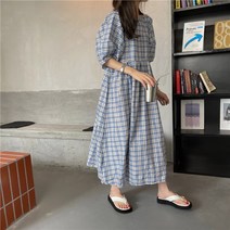소다 델리 깅엄 고방 체크 패턴 블루 롱 원피스 데일리 임부 빅사이즈 키큰여자 여성