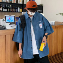 [최저가]남성 오버핏 루즈핏 데님 청 반팔 데일리 셔츠 2color