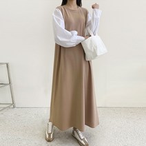 유야 여성용 빅사이즈 링클프리 러블리 퍼프 배색 긴팔 롱 원피스 임부복 데일리룩 캐주얼 OP0129루즈핏 오버핏 여성의류 봄 가을