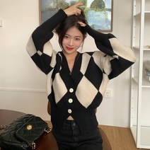 제이제이헤라 여성용 아가일 브이넥 니트 가디건 g010
