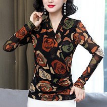 에블 대박걸 아티스틱 그래픽 장미 송이 랩스타일 브이넥 긴팔 여성 화려한 블라우스 M-4XL