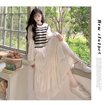 여성 슬림핏 레이스 니트 페이크 투피스 롱원피스 캉캉 허리 조임 캐주얼 원피스