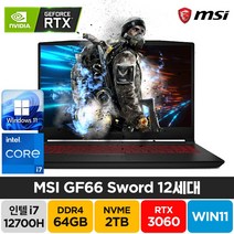 MSI Sword GF66 A12UE 인텔 12세대 i7-12700H RTX3060 윈도우11 노트북, GF66 Sword, WIN11 Home, 64GB, 2TB, 코어i7, 블랙