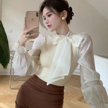 세련된 한국 여성 퍼프 슬리브 패치 워크 니트 슬림 짧은 탑 블라우스 패션 봄 스위트 보타이 캐주얼 셔츠