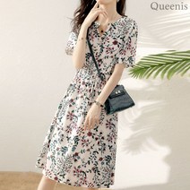 머러 플라워 허리 스트링 반팔 원피스