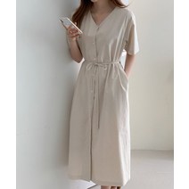 린넨 끈조절 스트링 브이넥 V넥 여름 반팔 롱 원피스 버튼 포켓 면 데일리 빅사이즈 단추