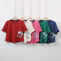 코지 드로잉 프린팅 프릴소매 반팔 배색 블라우스