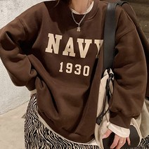 마이시즌 여성용 오버핏 NAVY 레터링 기모 맨투맨
