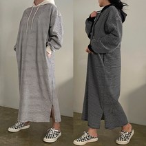 [비비애르] 오버핏 잔잔한 단가라 후드 맨투맨 롱 원피스 코튼 맥시기장 데일리 봄코디