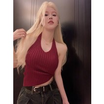 홍콩 스타일 인플루언서 민소매 홀터넥 여름 니트 미의 멜빵 숏 핫걸 탑