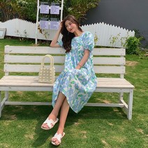 여름 에스닉 퍼프소매 롱원피스