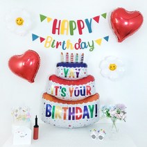 GAM 슈퍼 점보 3단 케익 하트풍선 데이지 꽃풍선 펠트가랜드 생일안경 생일머리띠 공기주입기 생일카드, 슈퍼 점보 3단 케익 생일파티세트