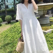 브이넥 레이스 펀칭 롱 원피스 여름 비치 바캉스 휴양지