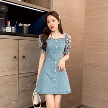 퐁순싸롱 블루 데님 연 청 코튼 플레어 반팔 미니 원피스 YJ