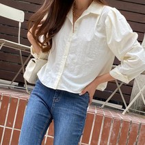셀러허브(잡화) 여자 셔링 숄더 퍼프 크롭 카라넥 바스락 셔츠