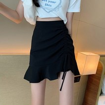 무릎길이 미니 스커트 Lucyever 블랙 화이트 짧은 인어 여성용 한국 스타일 하이 웨이스트 여성 프릴 drawstring a 라인