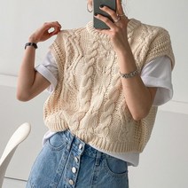 룩샵 여자 여성 루즈핏 따뜻한 크롭 꽈배기 러블리 니트 조끼