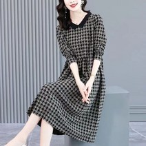 가을 여성 플러스 사이즈 체크무늬 롱 슬리브 원피스 중장기 어머니 원피스