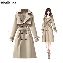 Modlauna 여자 가을 겨울 롱 슬림 트렌치 코트
