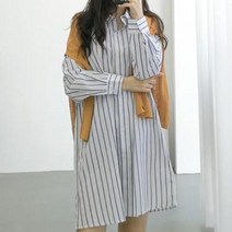 아트박스/라이니 스트라이프 끈 카라 셔츠 원피스 (2color)