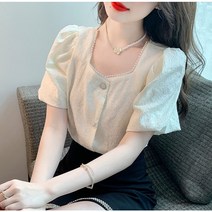 여자여자몰 시원한원단 보석단추 진주라인스퀘어넥 퍼프소매 쟈가드반팔블라우스 re829