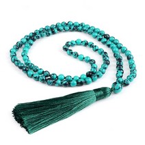 차량용염주 108염주 불교묵주 6mm 검은 용암 돌 목걸이 비즈 천연 소나무 돌 말라 술 목걸이 패션 보석 여성 남성 선물, 청록색