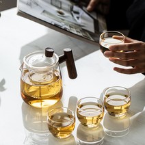 내열유리티포트 홍차티팟 티메이커 차주전자 차우리기 컵4개 세트, 투명 티팟+투명 컵4개