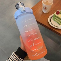 2L 대용량 물병 밀짚 컵 그라디언트 색상 플라스틱 휘트니스 워터 시간 마커 야외 스포츠 병, CHINA, Blue Orange