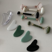 시크릿제이 로즈쿼츠 괄사 마사지 도구 셀툴라이트 제거 천연 옥 얼굴붓기빼는법 림프 순환 갈바닉 발 부종, 괄사7종 세트, 브라운스톤 7종세트