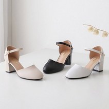 둥근코 사이드오픈 미들굽 메리제인 스트랩 구두 청키 힐 6cm
