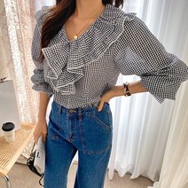 더파라조 여성프릴블라우스 라운드넥프릴셔츠