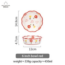 이케아 중국 그릇 자기 공기 접시 찻잔 면기 예쁜 면그릇678in 세라믹 꽃 패턴 과일 샐러드 물결 모양의 가장자리 쌀 시리얼 파스타 디저트 국수 주방 식기, 협동사, 6인치 보울 레드