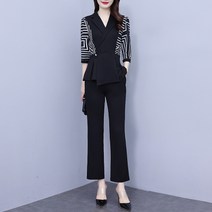 리얼 샷 2023 여름 새로운 대형 여성 패션 정장 바느질 허리 탑 높은 허리 다리 바지 슬림 투피스 세트