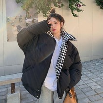 여성 퀼팅 자켓 누빔 패딩 다운 블랙 화이트 타탄체크 패치워크 코튼 코트 스탠드넥 루즈핏 파카