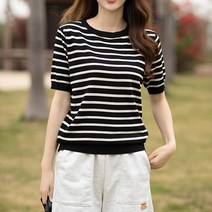 잇츠스타일 여성 라운드넥 스트라이프 줄무늬 30대 40대 50대 추천 반팔 슬림 니트 티셔츠