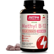 Jarrow Formulas 레귤러 스트렝스 메틸 B-12 500mcg 세포 에너지 생성 및 뇌 건강 지원을 위한 보조 식품 체리 맛 츄어블 정제 100정 100일분, [01] 100개(1팩)