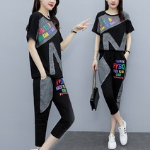 HAXING 여성 여름 빅 사이즈 패션 트레이닝 세트 여름 프린트 반팔 투피스 빅 사이즈 + 선물 증정