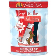 주방에 있는 Weruva Dogs The Double Dip with Beef Wild Caught Salmon Au Jus 그레인 프리 강아지 푸드 파우치 2.8온스 12강아지입