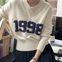 네모엔룩 여성용 1998 레터링 시보리 브이넥 긴팔 니트 NL