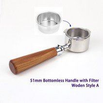 슬로우 쿠커 부품 교체 설치 에스프레소 커피 머신용 무압 필터 바구니가 있는 51mm 바닥 없는 커피 핸들 스테인레스 스틸 3 러그 핸들, 나무 스타일