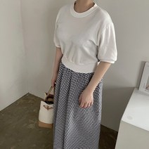 [비비애르] 체크 배색 반팔 플레어 롱 원피스 레이어드 허리밴딩 사이즈좋은 편한원피스