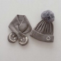 후암마켓 아동비니 머플러 세트 니트 폼폼이 스마일