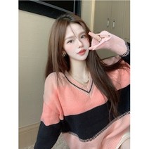 돌체비타샵 브이 배색 단가라 니트