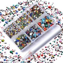 AD Beads 4300피스 플랫 백 네일 아트 라인스톤 라운드 비즈 6가지 사이즈 (26.5mm) 보관 정리함 상자 포함 폰 장식 공예 DIY용 피킹 펜 (혼합 색상) 441, Mixed Color