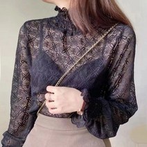 하이넥블라우스 셔츠 긴팔 레이스 가을 겨울 탑 레이디 터틀 솔리드 컬러 슬림 핏