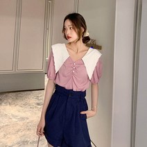 빅카라블라우스 단추 하늘색 반팔 여름 동안코디 회사원 핑크색 블라우스