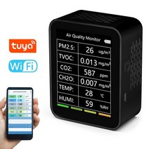 측량 분석 장비 Tuya-6 인 1 지능형 대기질 감지기 PM2.5 TVOC CO2 CH2O 온도 습도 다기능 도구, Black-WiFi type
