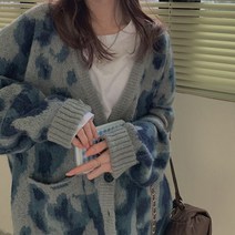 퐁순싸롱 호피 패턴 오버핏 브이넥 울 니트 가디건 YJ