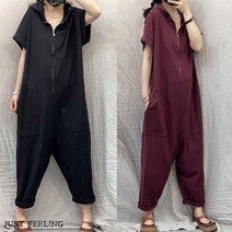 JUST FEEL!NG 오버핏 여성 반팔 점프수트 데일리 집업 후드 빅사이즈 패션 빈티지 운동복 점프슈트
