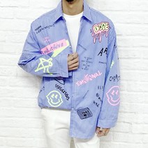 반즈 남자 오버핏 유니크한 전체 형광레터링 낙서프린팅 스트라이프 셔츠2color
